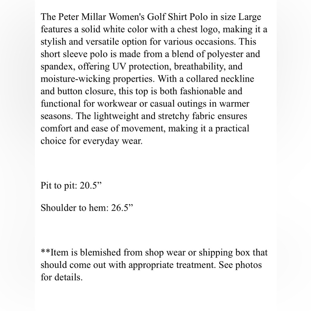 Peter Millar Women Golf Shirt Polo Chest Logo Large White Polyester BLEMISH - Picture 5 of 5